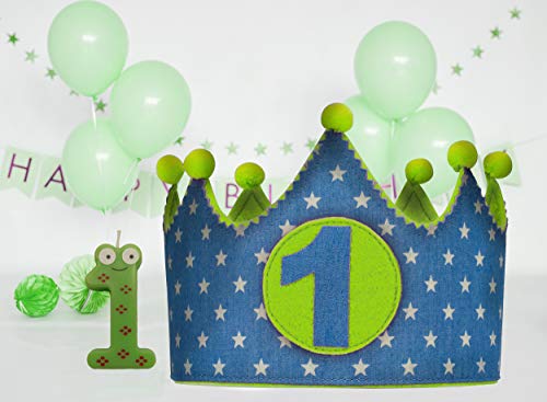 Kembilove Corona + Vela Primer Cumpleaños – Corona de Cumpleaños para Niño y Niña – Algodón y Fieltro de Máxima Calidad – Ideal para Fotos y Fiestas de Cumpleaños – Estrellas vaquero - verde