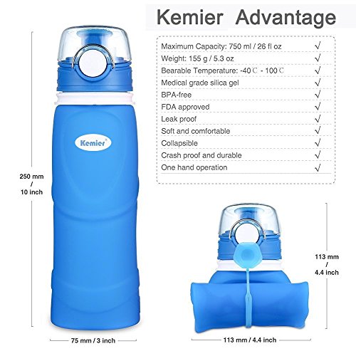 Kemier Botellas de Agua de Silicona Plegables–750ML,Calidad Médica Libre de BPA,Aprobado por FDA.Enrollarse,Botellas de Agua Plegables a Prueba de Fugas para el Aire Libre y Deportes(Azul)