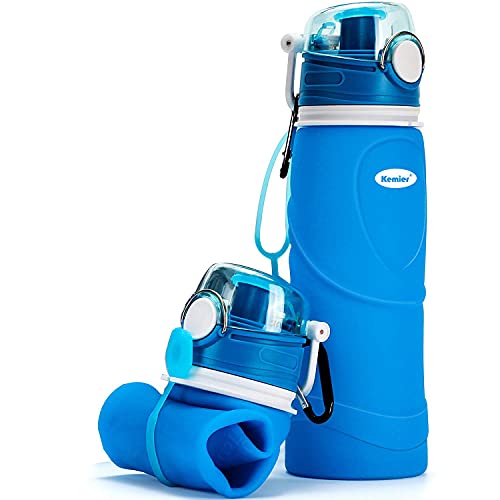 Kemier Botellas de Agua de Silicona Plegables–750ML,Calidad Médica Libre de BPA,Aprobado por FDA.Enrollarse,Botellas de Agua Plegables a Prueba de Fugas para el Aire Libre y Deportes(Azul)