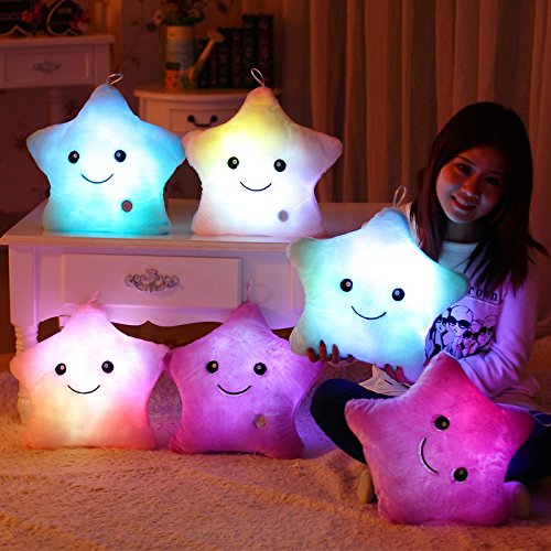 Kemont Colorido Estrella Forma Almohada Lindo Muñecas Decorativas Brillan LED Luz Luminosa Almohada Cojín Cojín Cosy Suave Relax Regalo (Blanco)