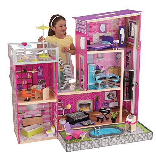 KidKraft 65833 Casa de muñecas de madera Uptown para muñecas de 30 cm con 36 accesorios incluidos y 3 niveles de juego