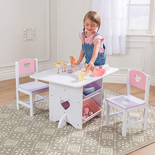 KidKraft-Heart Juego de mesa y 2 sillas de madera con corazón con compartimentos de almacenamiento, cuarto de juegos para niños / muebles de dormitorio, Color Blanco/Pastel (26913)