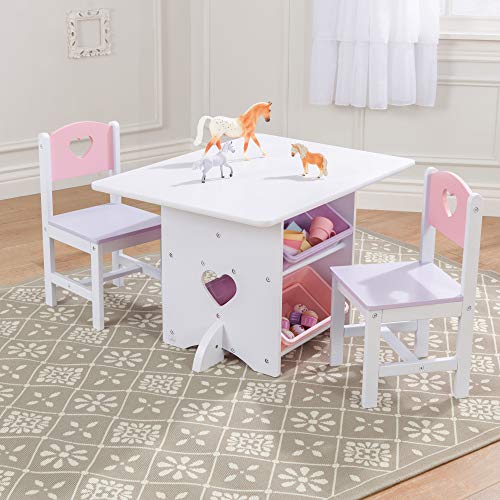 KidKraft-Heart Juego de mesa y 2 sillas de madera con corazón con compartimentos de almacenamiento, cuarto de juegos para niños / muebles de dormitorio, Color Blanco/Pastel (26913)