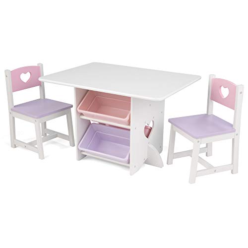 KidKraft-Heart Juego de mesa y 2 sillas de madera con corazón con compartimentos de almacenamiento, cuarto de juegos para niños / muebles de dormitorio, Color Blanco/Pastel (26913)