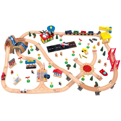 KidKraft- Juguete de vías de tren y mesa con cascada y montaña, de madera, para niños, juego clásico de actividades ferroviarias con accesorios incluidos (120 piezas) , Color Multicolor (17850) , color/modelo surtido