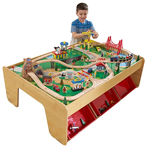 KidKraft- Juguete de vías de tren y mesa con cascada y montaña, de madera, para niños, juego clásico de actividades ferroviarias con accesorios incluidos (120 piezas) , Color Multicolor (17850) , color/modelo surtido