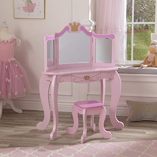 KidKraft- Princess Juego de tocador con espejo y taburete de madera, cuarto de juegos para niños/muebles de dormitorio, Color Rosa (76123)