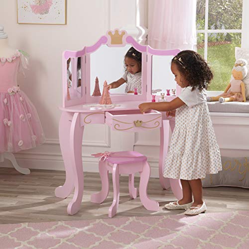 KidKraft- Princess Juego de tocador con espejo y taburete de madera, cuarto de juegos para niños/muebles de dormitorio, Color Rosa (76123)