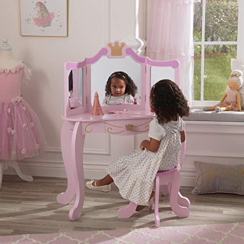 KidKraft- Princess Juego de tocador con espejo y taburete de madera, cuarto de juegos para niños/muebles de dormitorio, Color Rosa (76123)