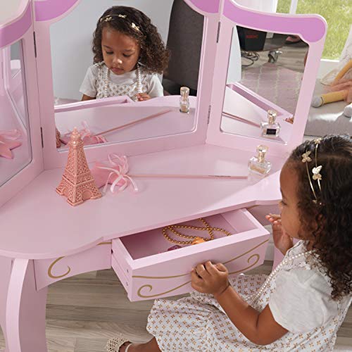 KidKraft- Princess Juego de tocador con espejo y taburete de madera, cuarto de juegos para niños/muebles de dormitorio, Color Rosa (76123)