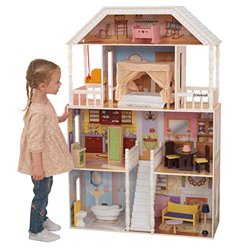 KidKraft- Savannah Casa de muñecas de madera con muebles y accesorios incluidos, 4 pisos, para muñecas de 30 cm , Color Blanco (65023)