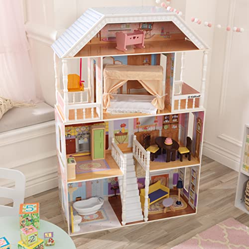 KidKraft- Savannah Casa de muñecas de madera con muebles y accesorios incluidos, 4 pisos, para muñecas de 30 cm , Color Blanco (65023)