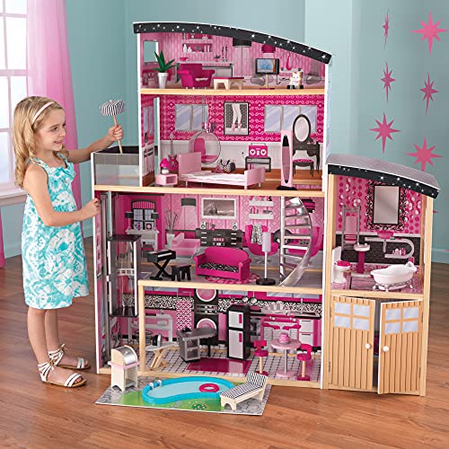 KidKraft- Sparkle Mansion Casa de muñecos de madera con muebles y accesorios incluidos, 3 pisos, para muñecos de 30 cm , Color Multicolor (65826)