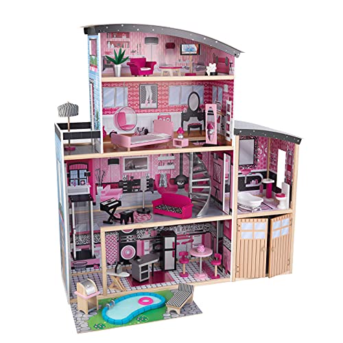 KidKraft- Sparkle Mansion Casa de muñecos de madera con muebles y accesorios incluidos, 3 pisos, para muñecos de 30 cm , Color Multicolor (65826)