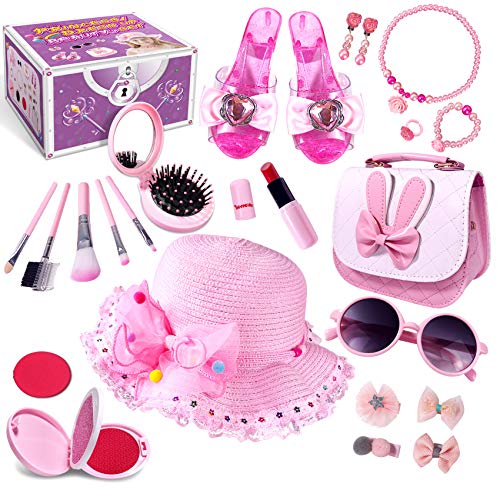 Kids Pretend Dress Up Makeup Set, Princess Role Play Kit Fake Makeup Jewelry Toys Accessories Sunglass Shoes Fashion Cosmetic Beauty Set for Girls Princess Birthday Halloween Christmas Costumes Party