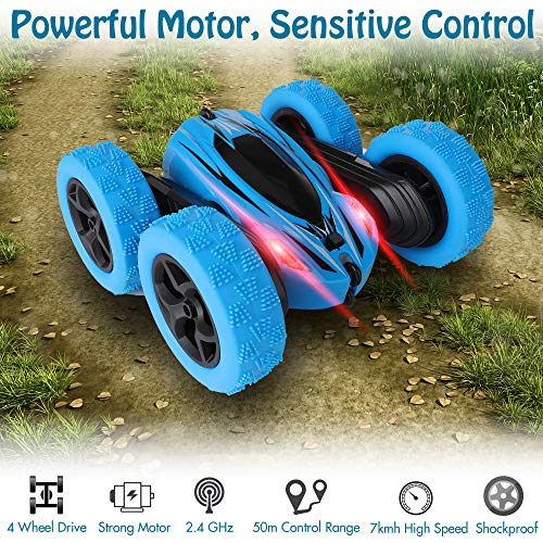 KIDWILL Coche de Control Remoto, 4WD 2.4 Ghz Coche Teledirigido, Remote Control Car de Alta Velocidad 360° Rotación y Volteo Doble Cara,Faros delanteros LED, Coches de Juguetes Regalo para Niños Niñas