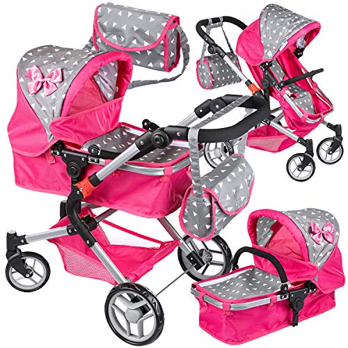 Kinderplay Carrito Bebe Juguetes, Carrito de muñecas, Gondola - con Bolso Cambiador, Convertible, Trendy Cochecito Muñeca, Plegable, Ajustable, 2en1 KP0250S