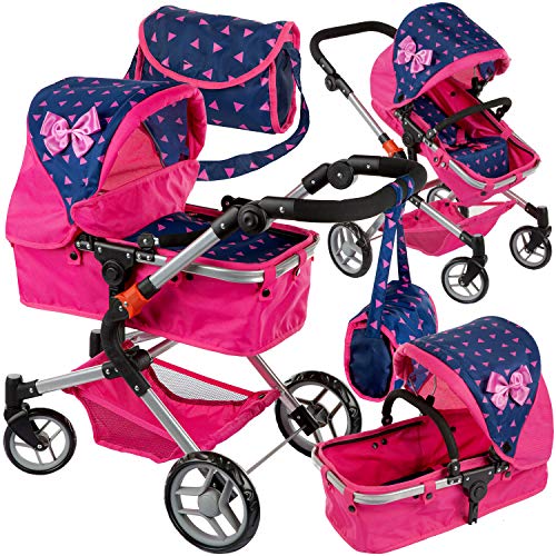 Kinderplay Carrito Bebe Juguetes, Carrito de muñecas, Gondola - con Bolso Cambiador, Convertible, Trendy Cochecito Muñeca, Plegable, Ajustable, 2en1 KP0250T