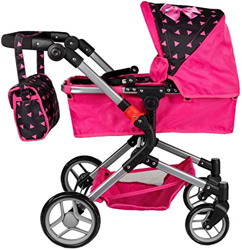 Kinderplay Carrito Bebe Juguetes, Carrito de muñecas, Gondola - con Bolso Cambiador, Convertible, Trendy Cochecito Muñeca, Plegable, Ajustable, 2en1 KP0250R