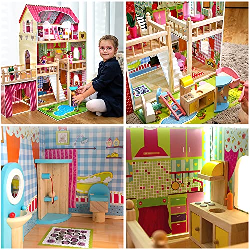 Kinderplay Grande Casa de Muñecas, Casa de Madera para con Garaje Iluminación LED con Muebles y Accesorios Incluidos, 3 Pisos, para muñecas de 90 cm, Casa Muñecas, Color Multicolor GS0020