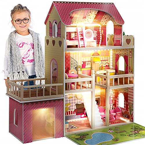 Kinderplay Grande Casa de Muñecas, Casa de Madera para con Garaje Iluminación LED con Muebles y Accesorios Incluidos, 3 Pisos, para muñecas de 90 cm, Casa Muñecas, Color Multicolor GS0020