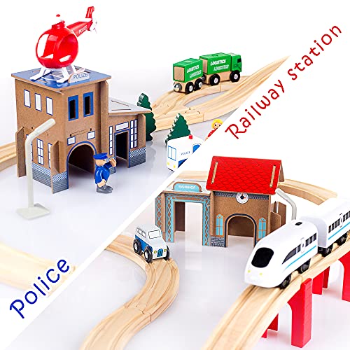 Kinderplay Tren Juguete, Tren Madera - Ferrocarril de Madera, Juego de Vías, Tren Electrico, Funciona con Pilas, Comisaría de Policía, Trenes de Juguete, GS0010