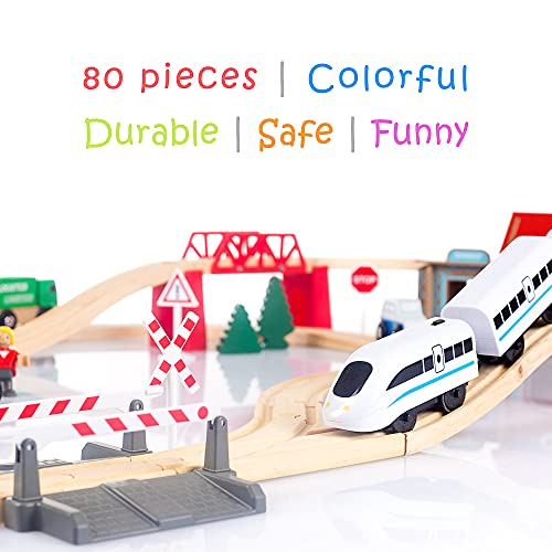 Kinderplay Tren Juguete, Tren Madera - Ferrocarril de Madera, Juego de Vías, Tren Electrico, Funciona con Pilas, Comisaría de Policía, Trenes de Juguete, GS0010