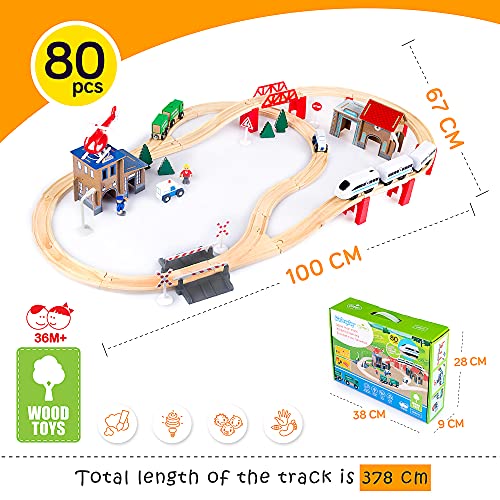 Kinderplay Tren Juguete, Tren Madera - Ferrocarril de Madera, Juego de Vías, Tren Electrico, Funciona con Pilas, Comisaría de Policía, Trenes de Juguete, GS0010