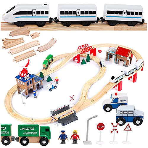 Kinderplay Tren Juguete, Tren Madera - Ferrocarril de Madera, Juego de Vías, Tren Electrico, Funciona con Pilas, Comisaría de Policía, Trenes de Juguete, GS0010