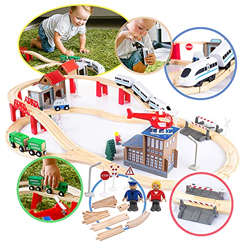 Kinderplay Tren Juguete, Tren Madera - Ferrocarril de Madera, Juego de Vías, Tren Electrico, Funciona con Pilas, Comisaría de Policía, Trenes de Juguete, GS0010