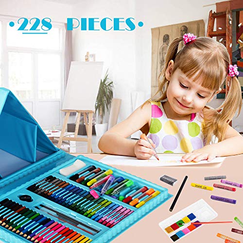 KINSPORY 228 piezas Juegos de dibujo estuches colores maletín pinturas para niños colores niños estuches para pintarlos caballete pintura profesional acuarelas niños set kit de dibujo art set (azul)