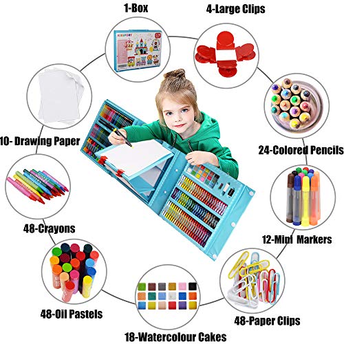 KINSPORY 228 piezas Juegos de dibujo estuches colores maletín pinturas para niños colores niños estuches para pintarlos caballete pintura profesional acuarelas niños set kit de dibujo art set (azul)