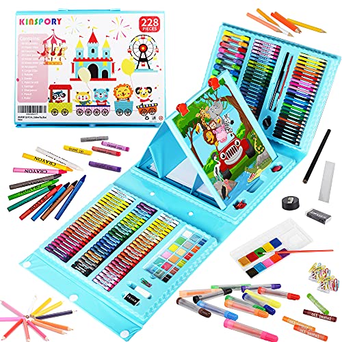 KINSPORY 228 piezas Juegos de dibujo estuches colores maletín pinturas para niños colores niños estuches para pintarlos caballete pintura profesional acuarelas niños set kit de dibujo art set (azul)