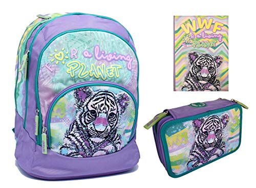 Kit completo de mochila escolar WWF A Living Planet Girl Pink tigre Tigger redondo 2020 + estuche de 3 pisos completo + agenda WWF 2020/21 + bolígrafo con purpurina y llavero con brillo