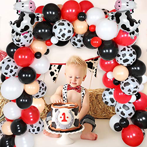 Kit de arco de guirnalda de globos de fiesta temática de animales de granja suministros de fiesta de vaca paquete de 99 globos blancos, negros y rojos para fiesta de cumpleaños de niños, baby shower