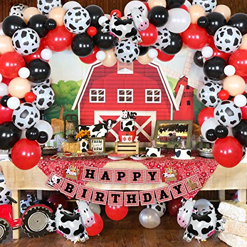 Kit de arco de guirnalda de globos de fiesta temática de animales de granja suministros de fiesta de vaca paquete de 99 globos blancos, negros y rojos para fiesta de cumpleaños de niños, baby shower