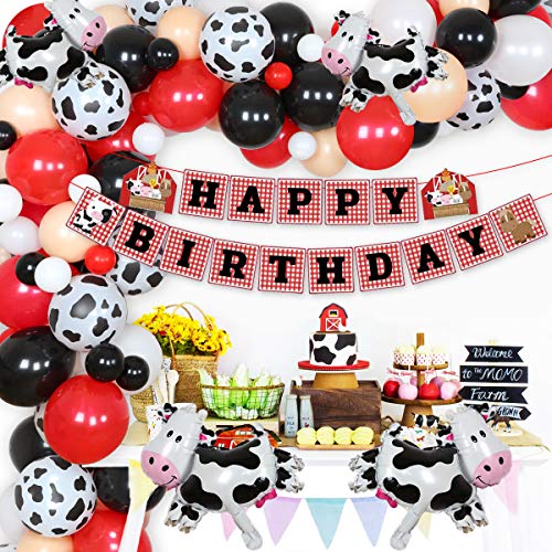 Kit de arco de guirnalda de globos de fiesta temática de animales de granja suministros de fiesta de vaca paquete de 99 globos blancos, negros y rojos para fiesta de cumpleaños de niños, baby shower