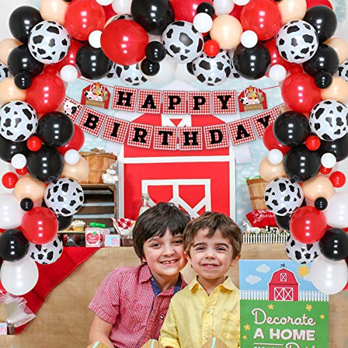 Kit de arco de guirnalda de globos de fiesta temática de animales de granja suministros de fiesta de vaca paquete de 99 globos blancos, negros y rojos para fiesta de cumpleaños de niños, baby shower