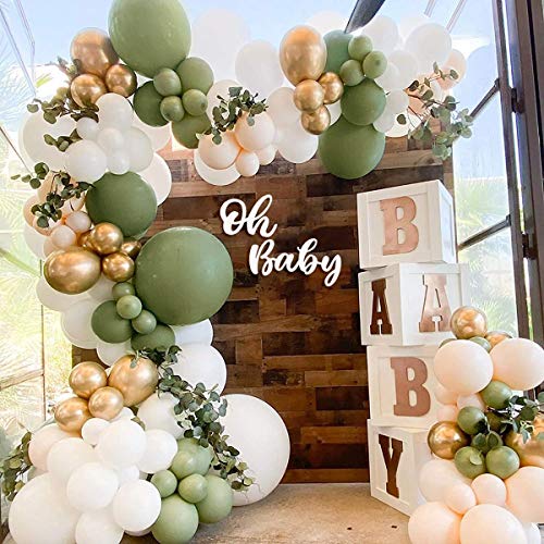 Kit de arco de guirnalda de globos verde salvia, 152 piezas de arco de globos verde oliva con globo de látex blanco Globo de látex metálico dorado para niños, niñas, baby shower, cumpleaños