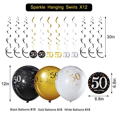 Kit de Decoración de Fiesta de Feliz 50 Cumpleaños, Remolinos Colgantes Globo Bandera de Telón de Fondo de Feliz Cumpleaños 50 Oro Negro Brillante para Hombres Mujeres 50 Cumpleaños Fiesta 50 Años