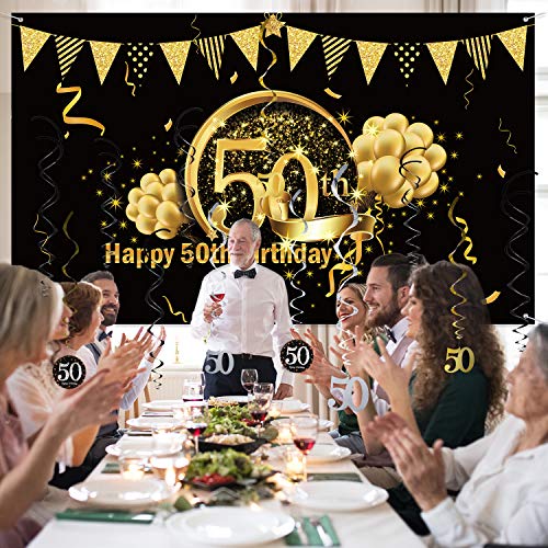 Kit de Decoración de Fiesta de Feliz 50 Cumpleaños, Remolinos Colgantes Globo Bandera de Telón de Fondo de Feliz Cumpleaños 50 Oro Negro Brillante para Hombres Mujeres 50 Cumpleaños Fiesta 50 Años