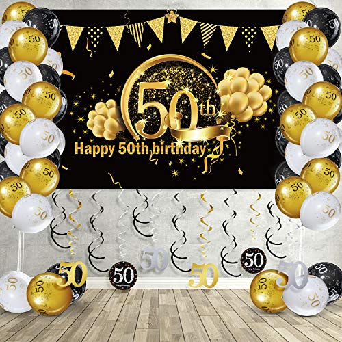 Kit de Decoración de Fiesta de Feliz 50 Cumpleaños, Remolinos Colgantes Globo Bandera de Telón de Fondo de Feliz Cumpleaños 50 Oro Negro Brillante para Hombres Mujeres 50 Cumpleaños Fiesta 50 Años