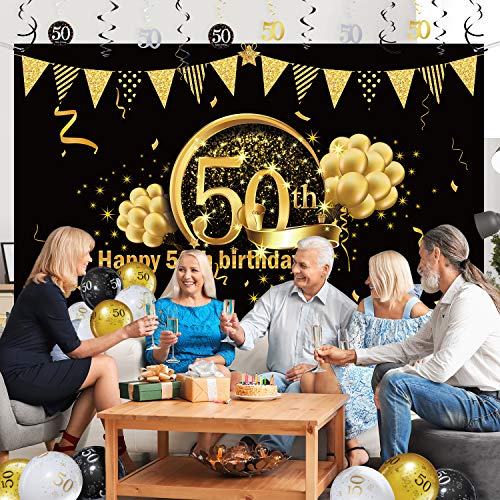 Kit de Decoración de Fiesta de Feliz 50 Cumpleaños, Remolinos Colgantes Globo Bandera de Telón de Fondo de Feliz Cumpleaños 50 Oro Negro Brillante para Hombres Mujeres 50 Cumpleaños Fiesta 50 Años