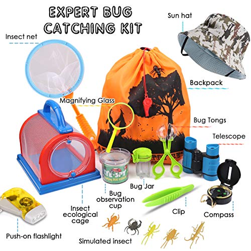 Kit de exploración al aire libre y set de captura de insectos con prismáticos, brújula, lupa, red de mariposas y mochila para niños de 3 a 10 años