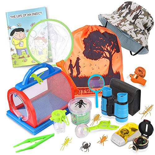 Kit de exploración al aire libre y set de captura de insectos con prismáticos, brújula, lupa, red de mariposas y mochila para niños de 3 a 10 años