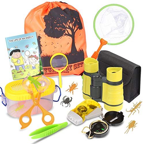 Kit de explorador al aire libre y receptor de insectos con prismáticos, brújula, lupa, red de mariposa y mochila para niños de 3 a 10 años de edad, niños, niñas