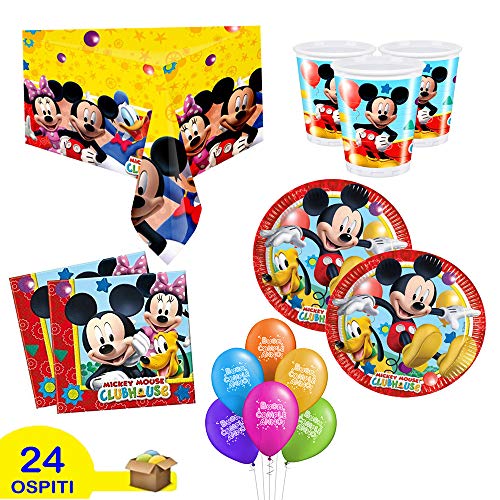 Kit de Fiesta de cumpleaños con diseño de Mickey Mouse, Juego de Mesa (24 Platos, 24 Vasos, 40 servilletas, 1 Mantel y 20 Globos de Regalo), Juego de Adornos para Fiestas (24 Personas)