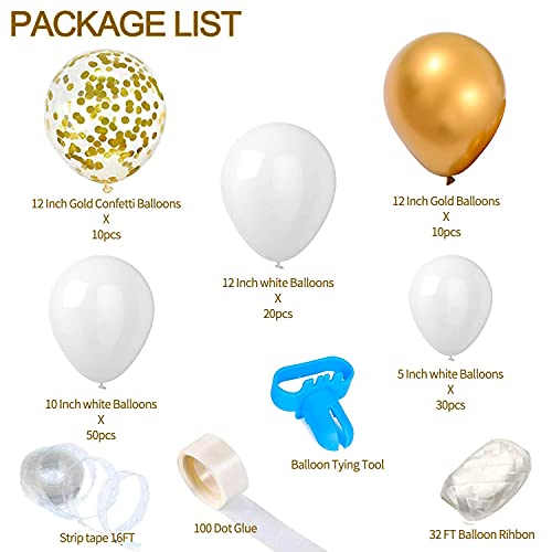 Kit de guirnaldas, 124 globos de arco con globos de confeti de látex de oro blanco, tira de cinta de 4,8 m y lunares para decoraciones de cumpleaños, bodas y fiestas