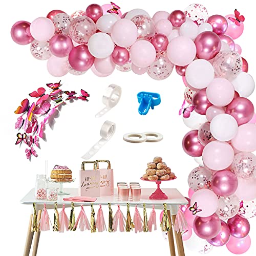 Kit de Guirnaldas con Globos Rosa, 117 Piezas Globos De Cumpleaños Niña con Mariposas Decoración, Globos Rosas y Blancos Arcos de Globos para Decoracion Cumpleaños Boda Baby Shower