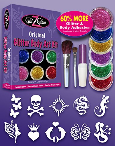 Kit Original de Tatuajes con Brillantina: Tatuajes temporales para niños y Adolescentes con 6 brillantinas Grandes y Plantillas Reutilizables